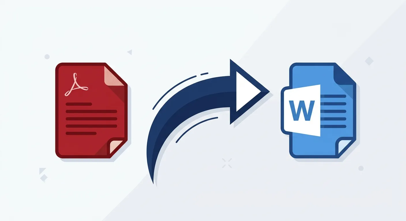 PDF to Word conversion illustration showing a red PDF document transforming into a blue Word document
